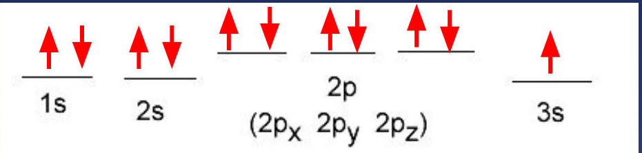Orbital diagram showing electron arrangement with horizontal lines representing orbitals and arrows indicating electron spin