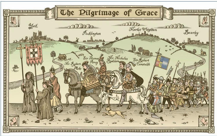 Pilgrimage of Grace illustration showing the rebel procession and key leaders