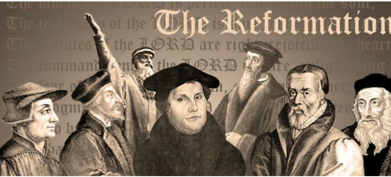 Collage of six Reformation figures, including Zwingli, emphasizing the diversity of the movement