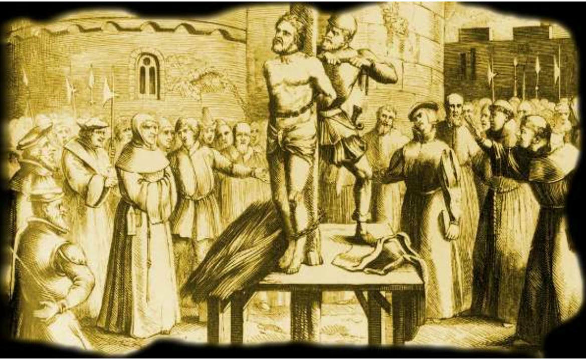 Sepia illustration of two men restrained on a platform, surrounded by an onlooking crowd, likely depicting a public execution or punishment