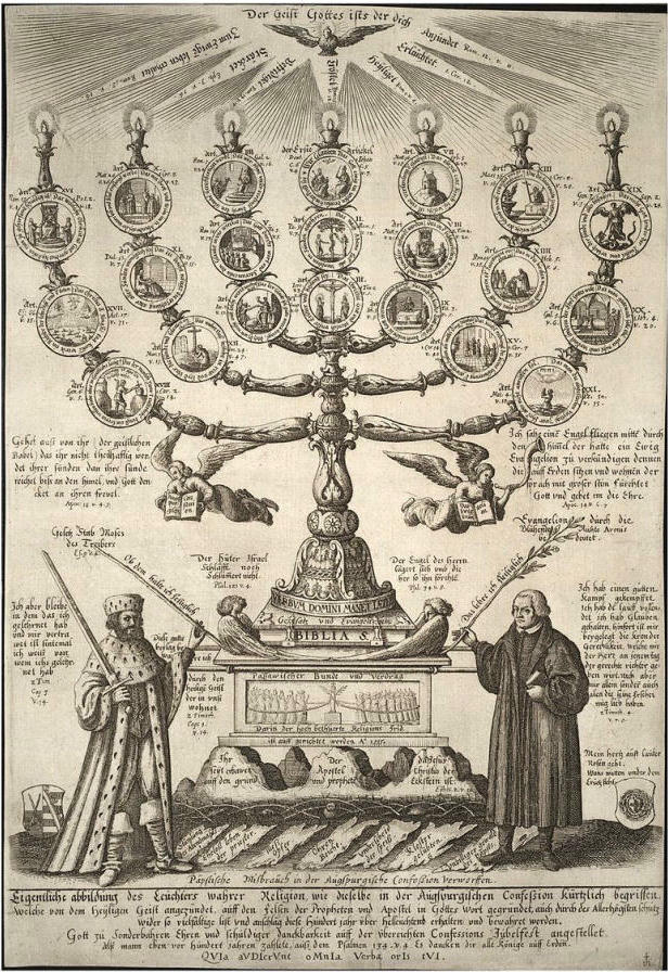 Menorah with “BIBLIA SACRA” emphasizing Scripture