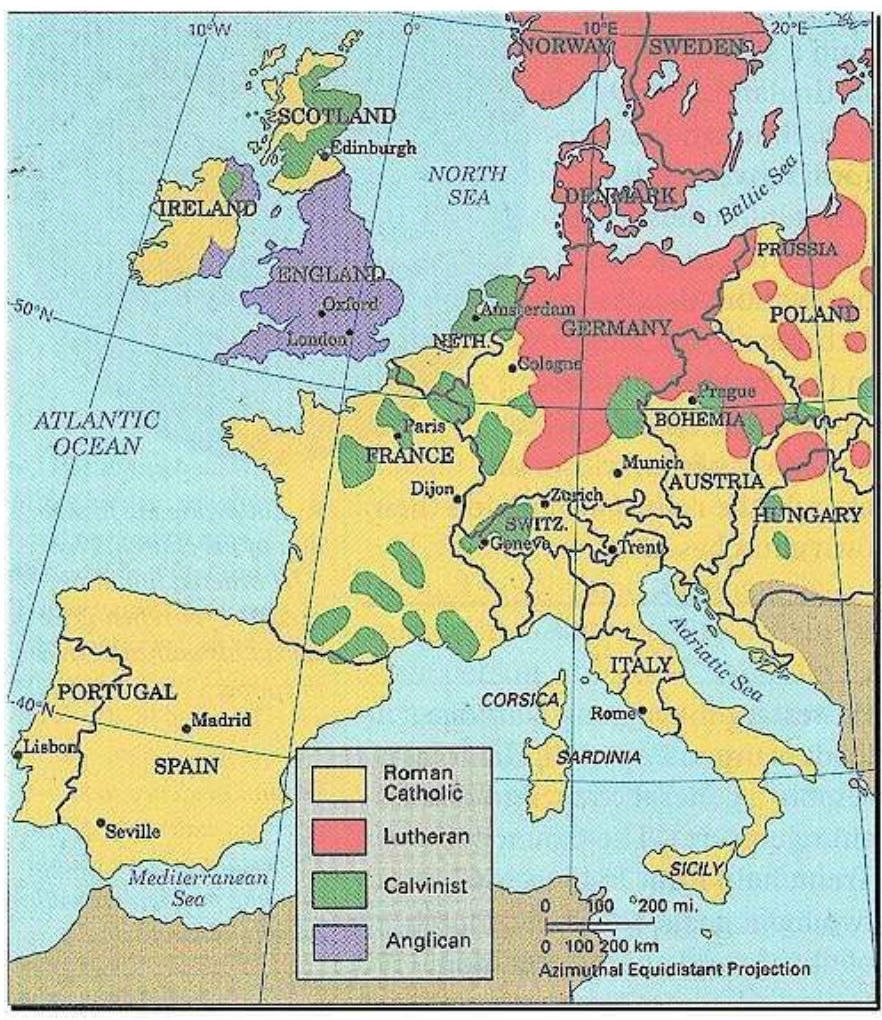Map showing the distribution of Catholic (yellow), Lutheran (red), Calvinist (green), and Anglican (purple) regions across Europe
