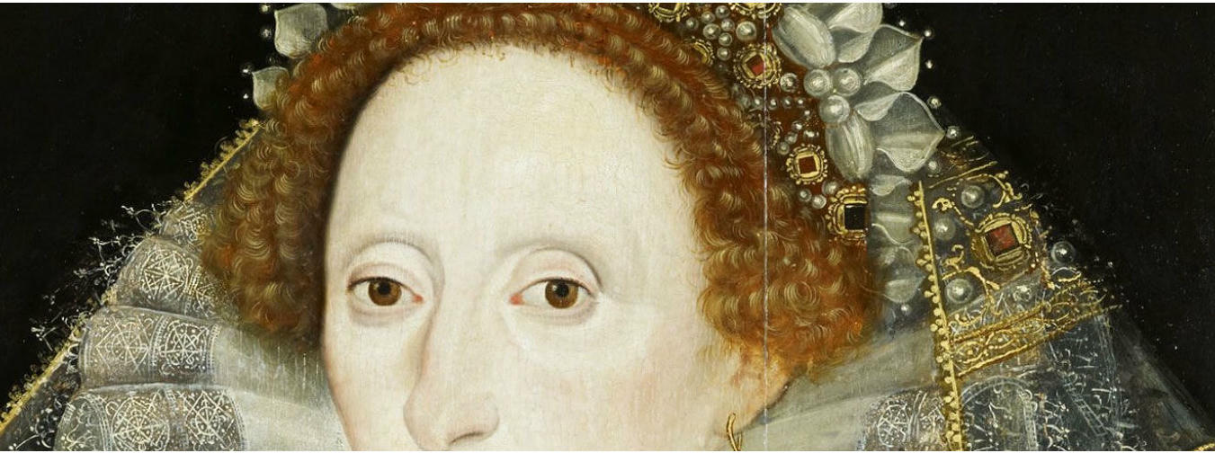 Portrait of Elizabeth I with her iconic ruff and elaborate headpiece, symbolizing the cultural flourish of her reign